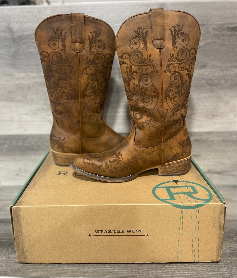 Roper Tall Stuff Women’s 10.5 Western Cowboy Boots Cognac Tan Laser Snip Toe